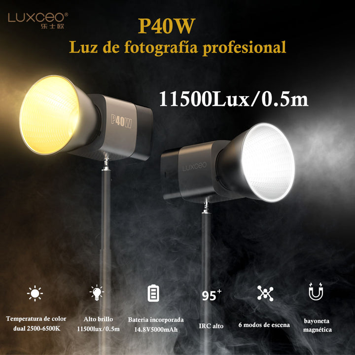 LUXCEO P40W Bi-color LED Video Light - 2500K-6500K adjustable, 11500Lux brightness, built-in Battery, high CRI≥95, 6 scene modes.