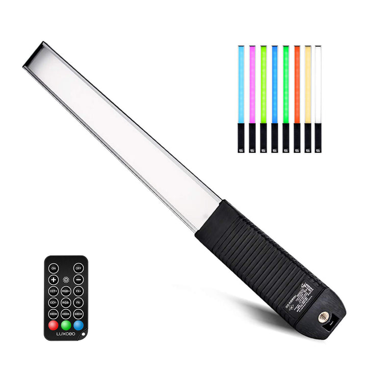 LUXCEO Q508A RGBWW LED video light wand with remote, demonstrates multiple colors, adjustable brightness and color temperature.