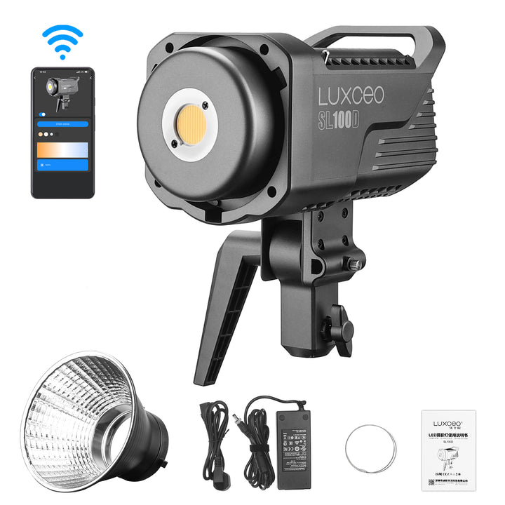 LUXCEO SL100D LED Photography Light with app control, allows wireless adjustments of brightness and color temperature, shown with various parts.