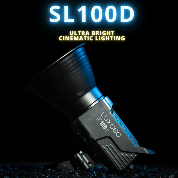 Luxceo SL100D 100 W 2700–6500 K COB-LED-Leuchte mit Bowens-Montage, mit V-Mount-Batterieplatte und D-Tap-zu-DC-Kabel
