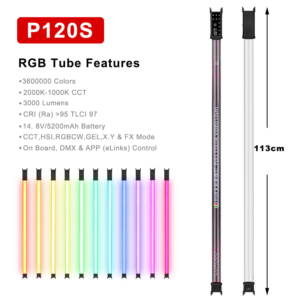 LUXCEO P120S 3.7ft 30W RGB LED Tube Light - 2000K-10000K CCT, High